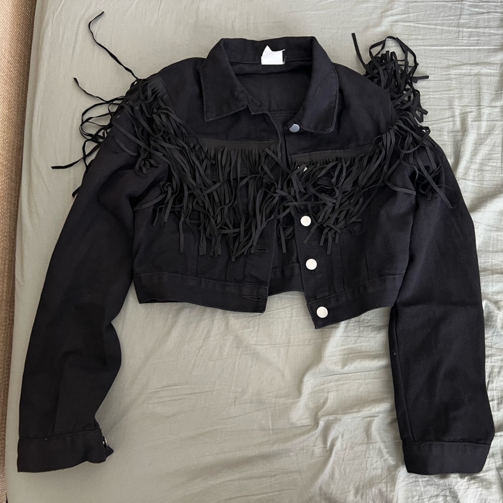 SHEIN Black fringe cropped jean jacket